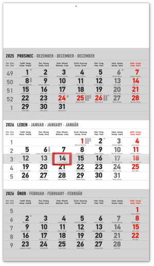 NOTIQUE Wall calendar 3-month standard gray - with Czech names CZ 2026, 29.5 x 43 cm - Reklamnepredmety