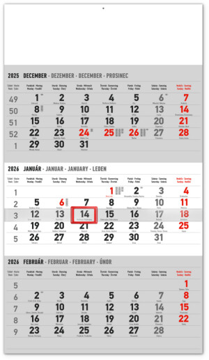 NOTIQUE Wall calendar 3-month standard gray - with Slovak names 2026, 29.5 x 43 cm - Reklamnepredmety