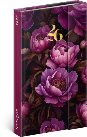 NOTIQUE Weekly Magnetic Diary Purple Flowers 2026, 13 x 21 cm - Reklamnepredmety