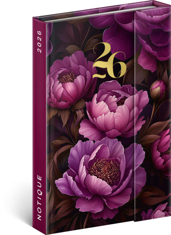NOTIQUE Weekly Magnetic Diary Purple Flowers 2026, 11 x 16 cm