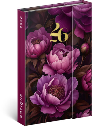 NOTIQUE Weekly Magnetic Diary Purple Flowers 2026, 11 x 16 cm - Reklamnepredmety