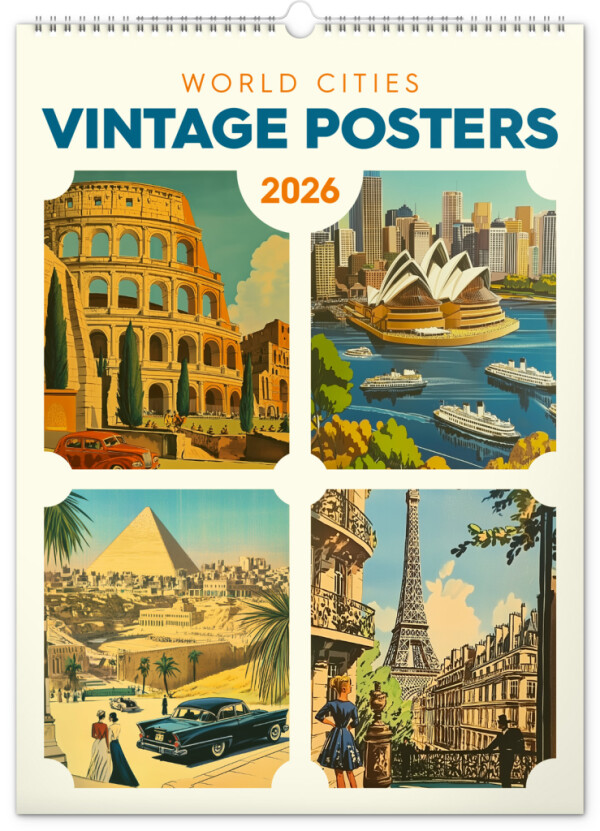 NOTIQUE Wall Calendar Vintage Posters - World Cities 2026, 33 x 46 cm