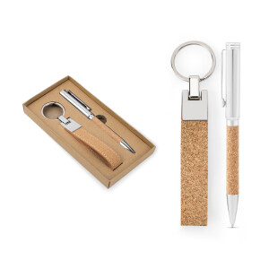 EVANS. Set consisting of a ballpoint pen and a key ring, both made of metal and cork - Reklamnepredmety