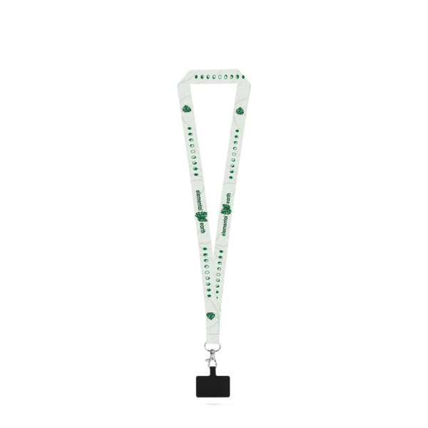 EPSOM. Sublimation lanyard made from recycled polyester (100% rPET) with carabiner, safety clasp, and smartphone holder