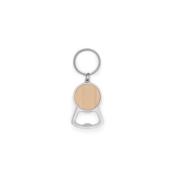 MEEKO. Iron keychain with a round shape in zinc and bamboo