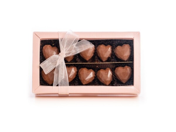 Pink box of 10 pieces of bean to bar pralines from the heart