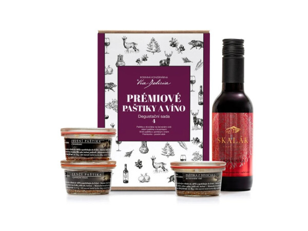 Premium pâtés and wine – tasting set of 4 (deer, wild boar, roe deer, blue Frankovka)