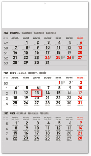 NOTIQUE Wall calendar 3-month standard gray - with Czech names CZ 2027, 29.5 x 43 cm - Reklamnepredmety