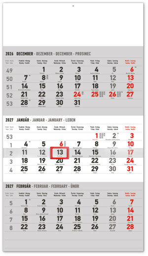 NOTIQUE Wall calendar 3-month standard gray - with Slovak names 2027, 29.5 x 43 cm - Reklamnepredmety