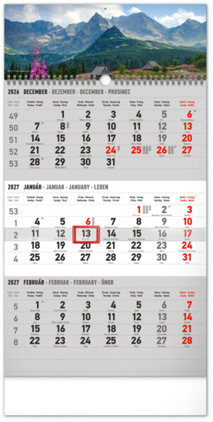 NOTIQUE Wall calendar 3-month Country gray - with Slovak names 2027, 29.5 x 43 cm - Reklamnepredmety