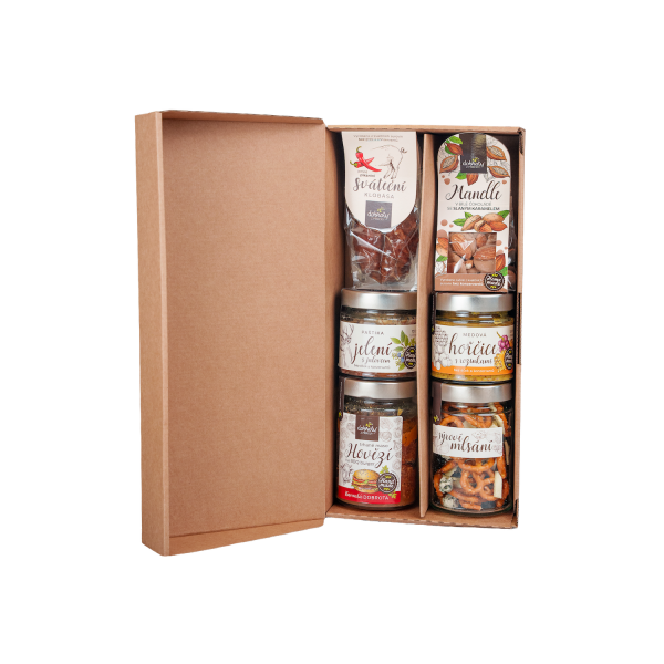 Gift Set – Pulled Beef, Venison Pâté, Cheese Treats, Chocolate-Dipped Almonds, Holiday Sausage and Mustard