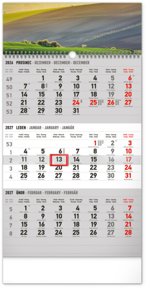 NOTIQUE Wall calendar 3-month Country gray - with Czech names CZ 2027, 29.5 x 43 cm - Reklamnepredmety