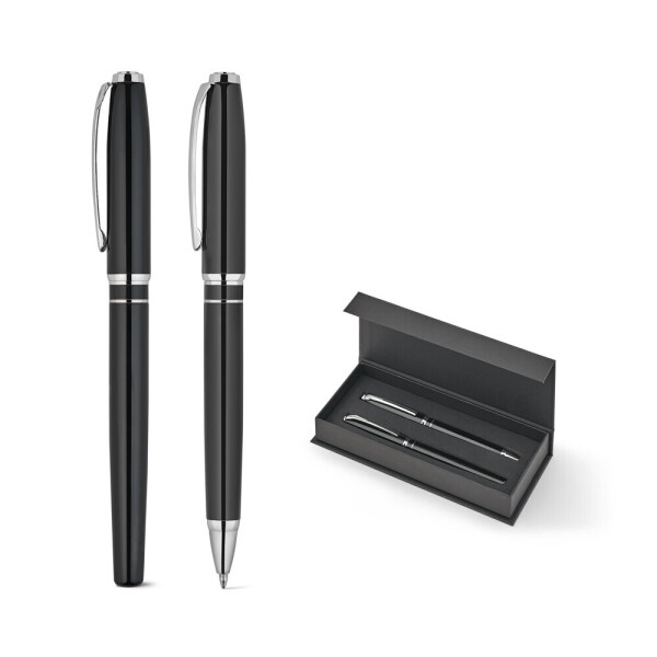 SARAMAGO. Premium set comprising 1 ballpoint pen and 1 rollerball pen in copper and stainless steel, with blue ink