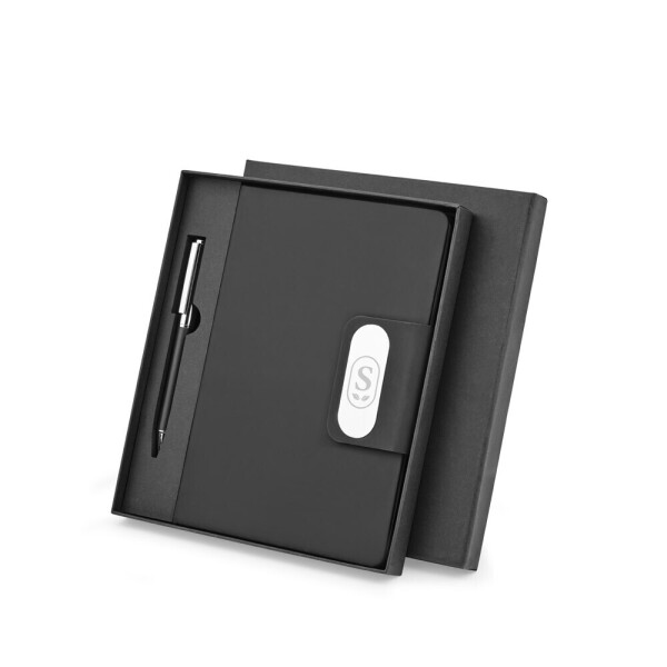 GARRETT. Set comprising 1 ballpoint pen and 1 notepad, made from PU and stainless steel