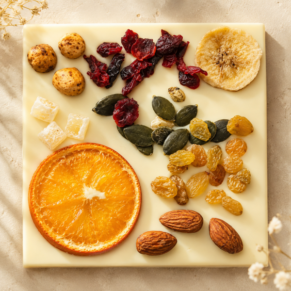 White chocolate decorated with dried fruits and nuts