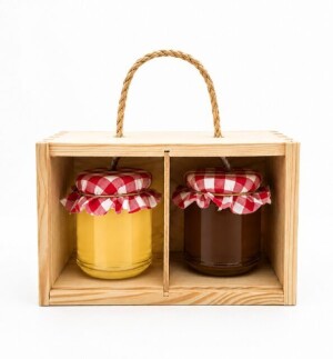 Gift Set – Acacia and Honeydew Honey (with decorative fabric covers) in a two-window box with a sliding lid. - Reklamnepredmety