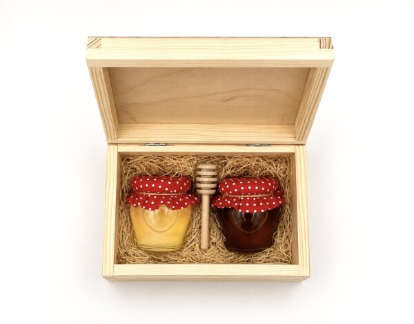 Gift Set – Acacia and Honeydew Honey (with decorative fabric cover and honey dipper) in a Wooden Box