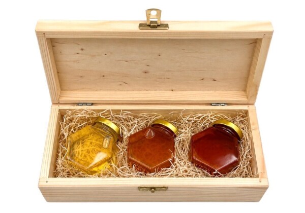 Gift Set – Honey Trio (Hexagonal Jars) in a Wooden Box