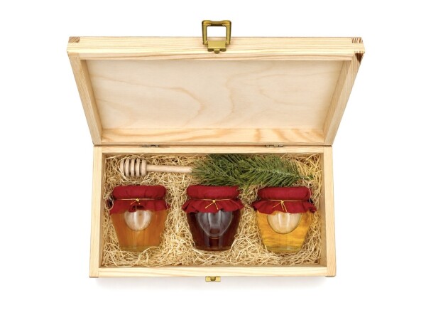 Gift Set – Honey Trio (jars with fabric covers) in a lidded wooden box, including a honey dipper.