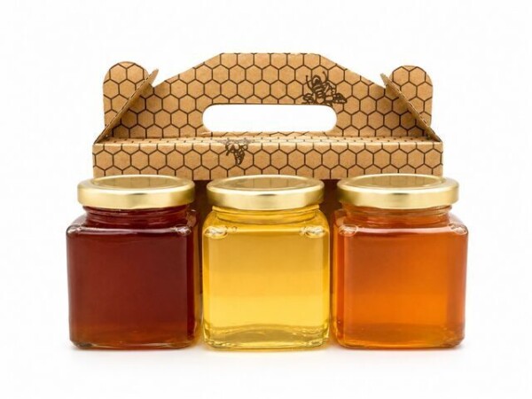 Gift set – HONEY TRIO in a cardboard box featuring a honeycomb and bee motif.