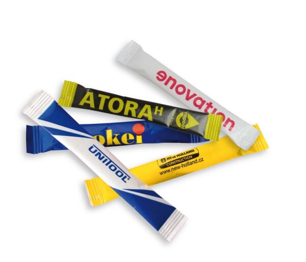 Portioned sugar in a printed paper tube