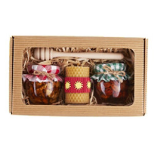Sada 2 medov so sviečkou a medovkou v hnedej krabici z vlnitej lepenky - Reklamnepredmety