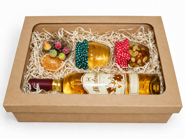 Set of honey, nuts in honey, and mead in a corrugated cardboard box