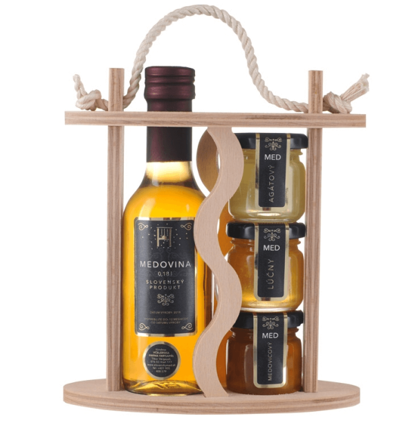 Set of 3 types of honey with mead in a stand