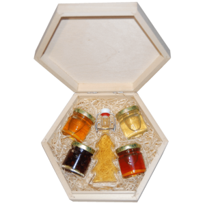 2 types of honey, nuts and dried cranberries in honey with mead in a hexagonal box with a closable lid - Reklamnepredmety
