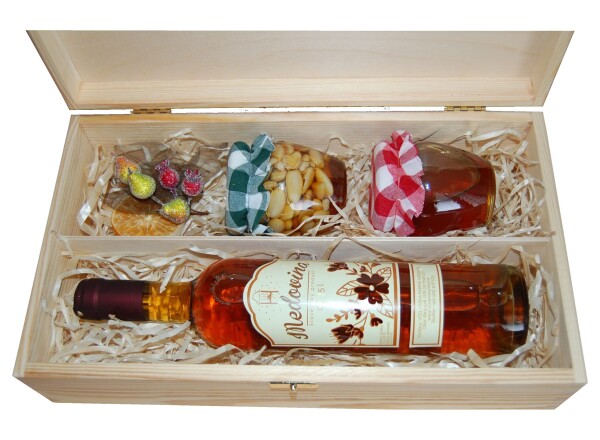 Mead, honey, and nuts in honey gift set in a natural wooden box