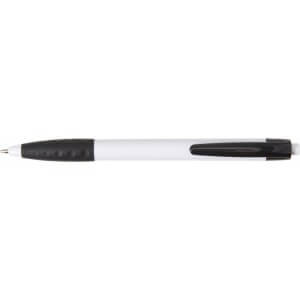 Plastic ballpen with a black clip and rubber grip