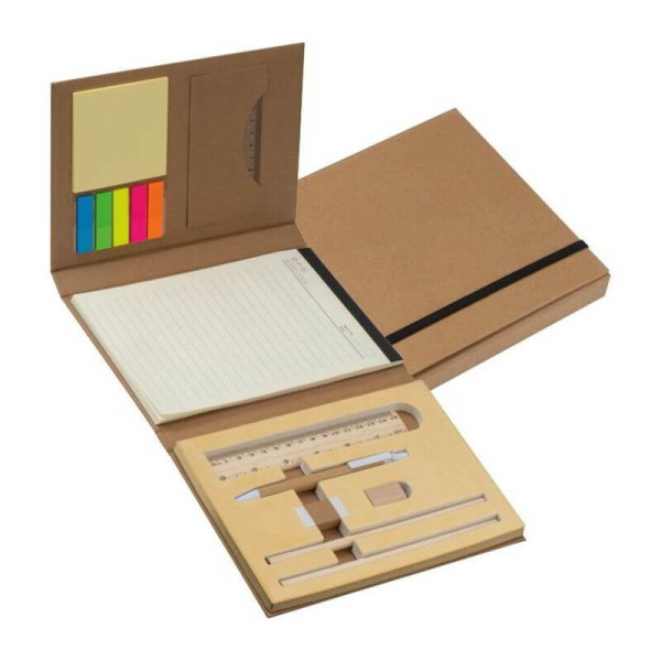 Writing case with cardboard cover, ruler, writing pad and adhesive markers