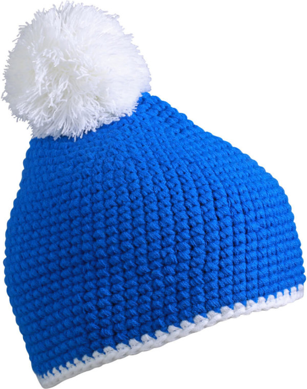 Crocheted hat with contrasting border and pompon