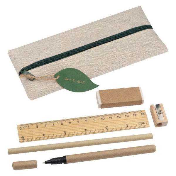 Writing set with ruler, eraser, sharpener, pencil and rollerball